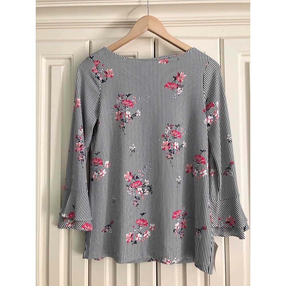 Charter Club XS Floral And‎ Striped Boat Neck Bell Sleeved 3/4 Sleeved Top NWT